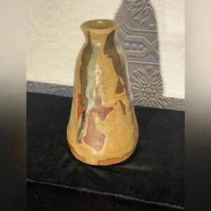 Tan brown ceramic flower bud vase 70s signed by artist pottery